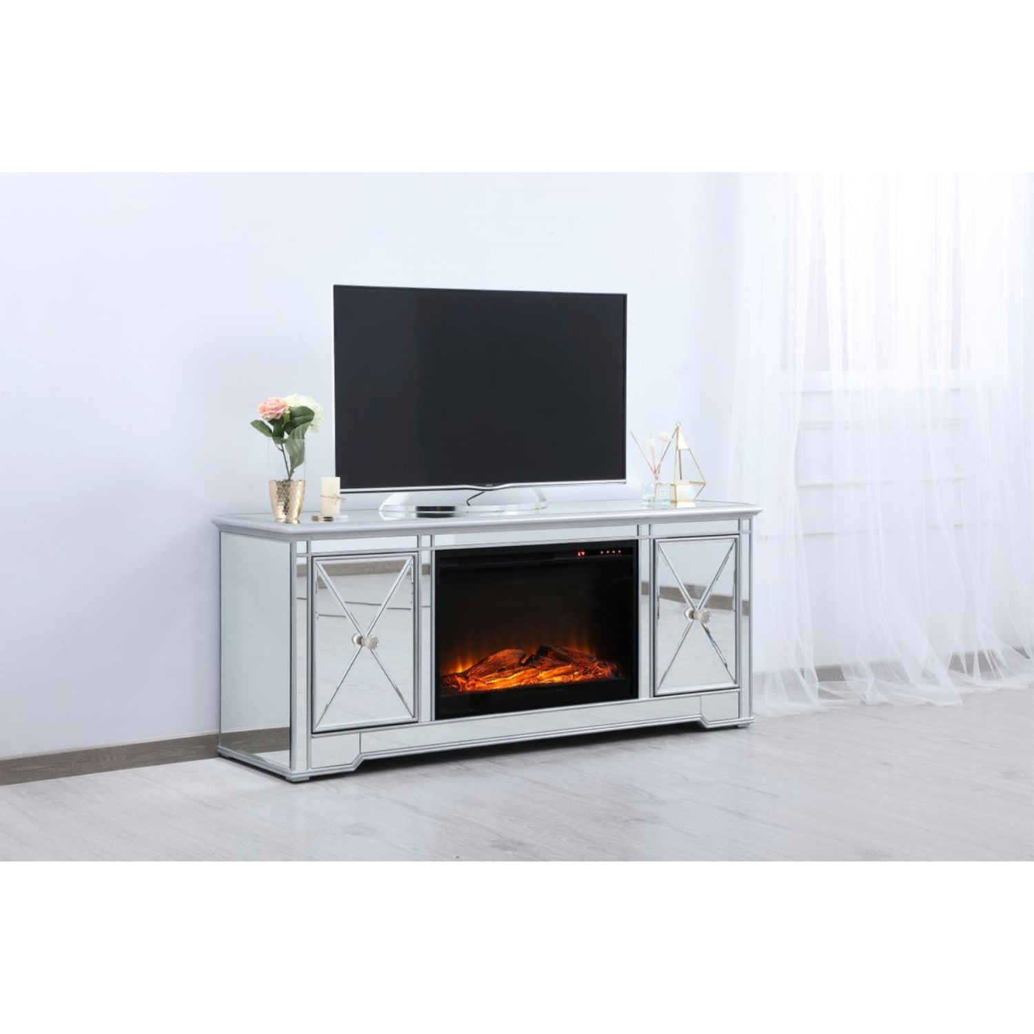 60 in. mirrored TV stand with wood fireplace insert in antique silver