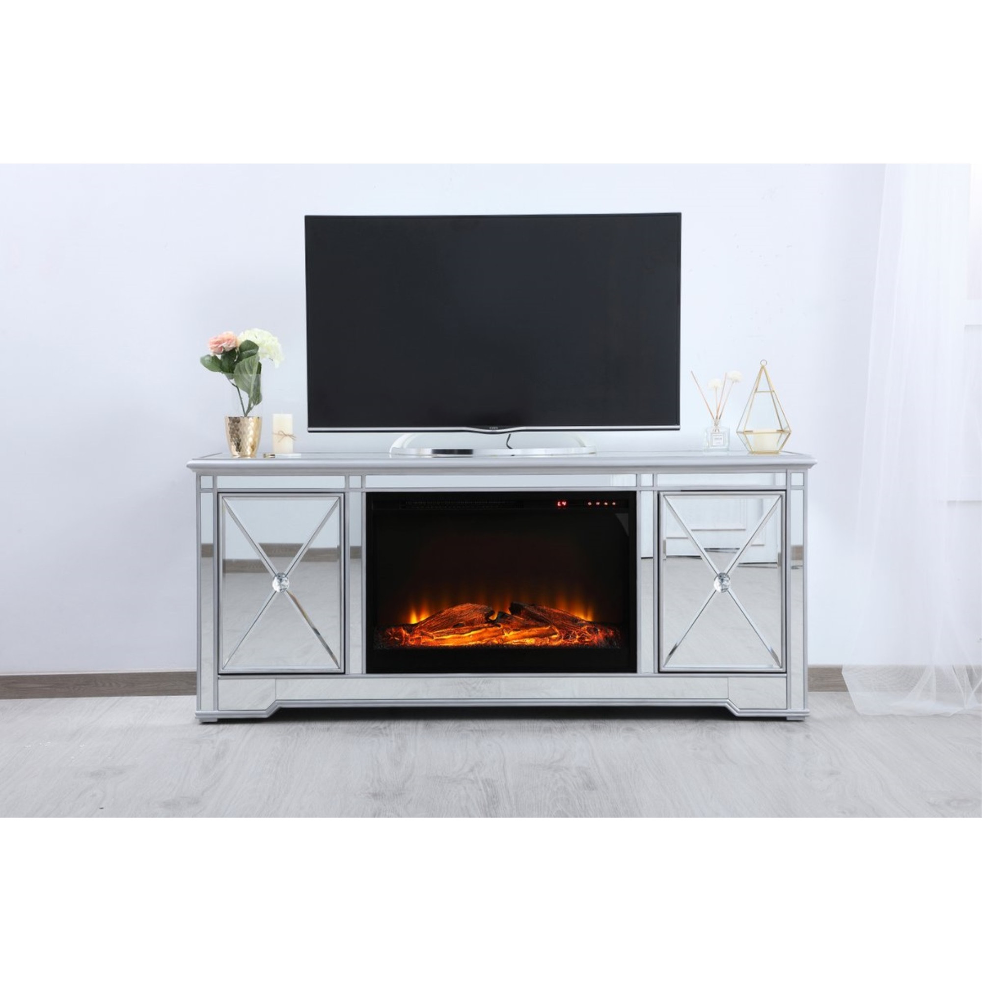60 in. mirrored TV stand with wood fireplace insert in antique silver