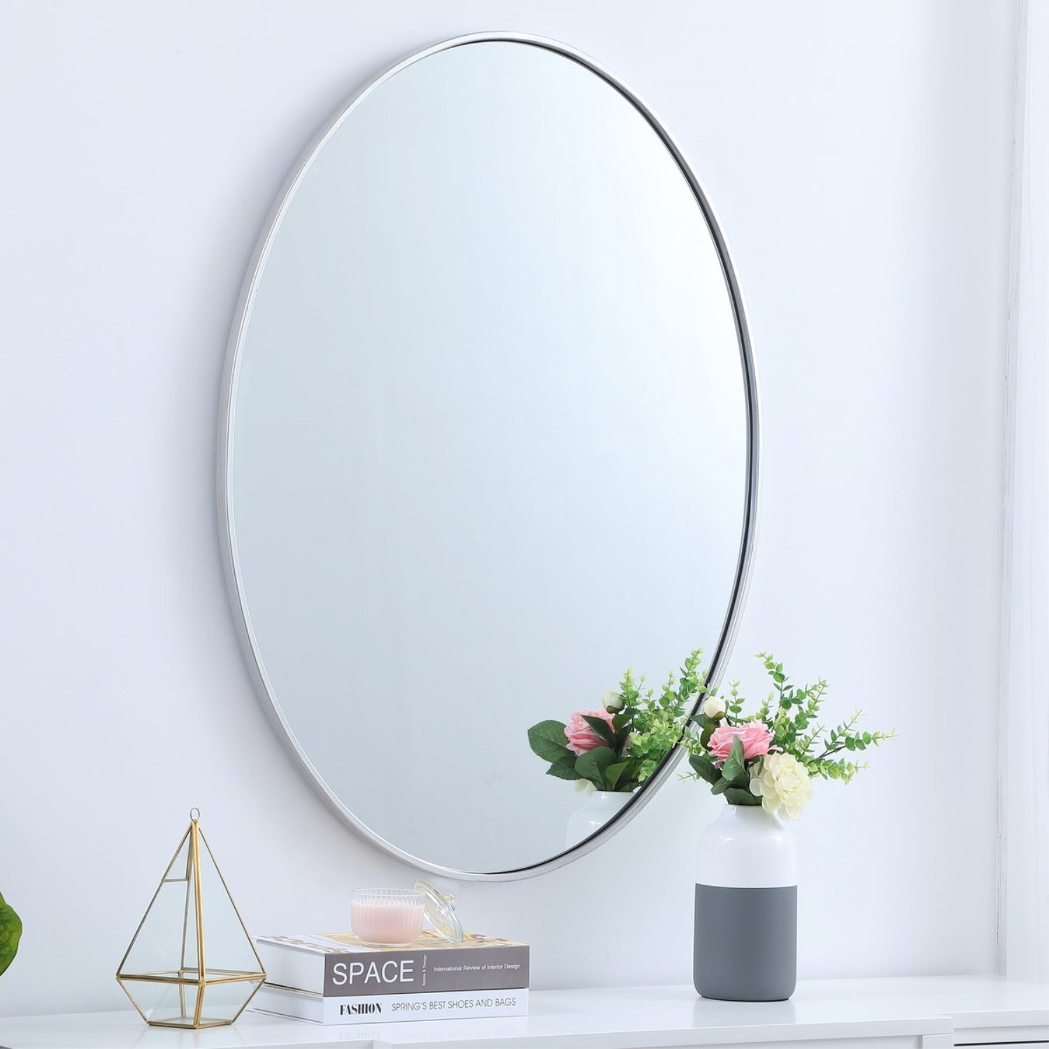 Metal frame oval mirror 40 inch in Sliver