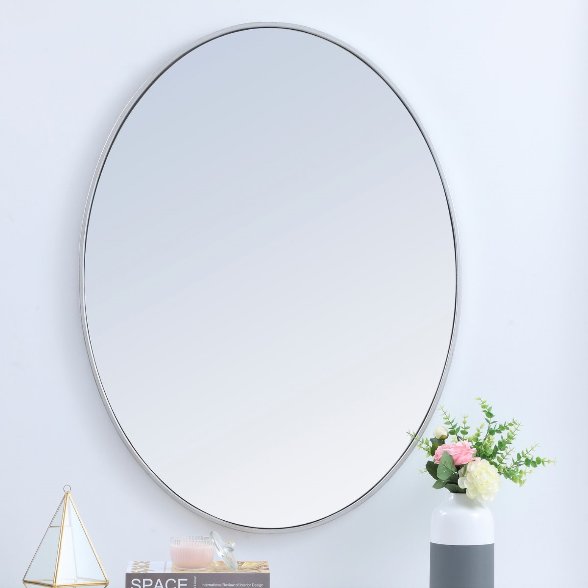 Metal frame oval mirror 40 inch in Sliver