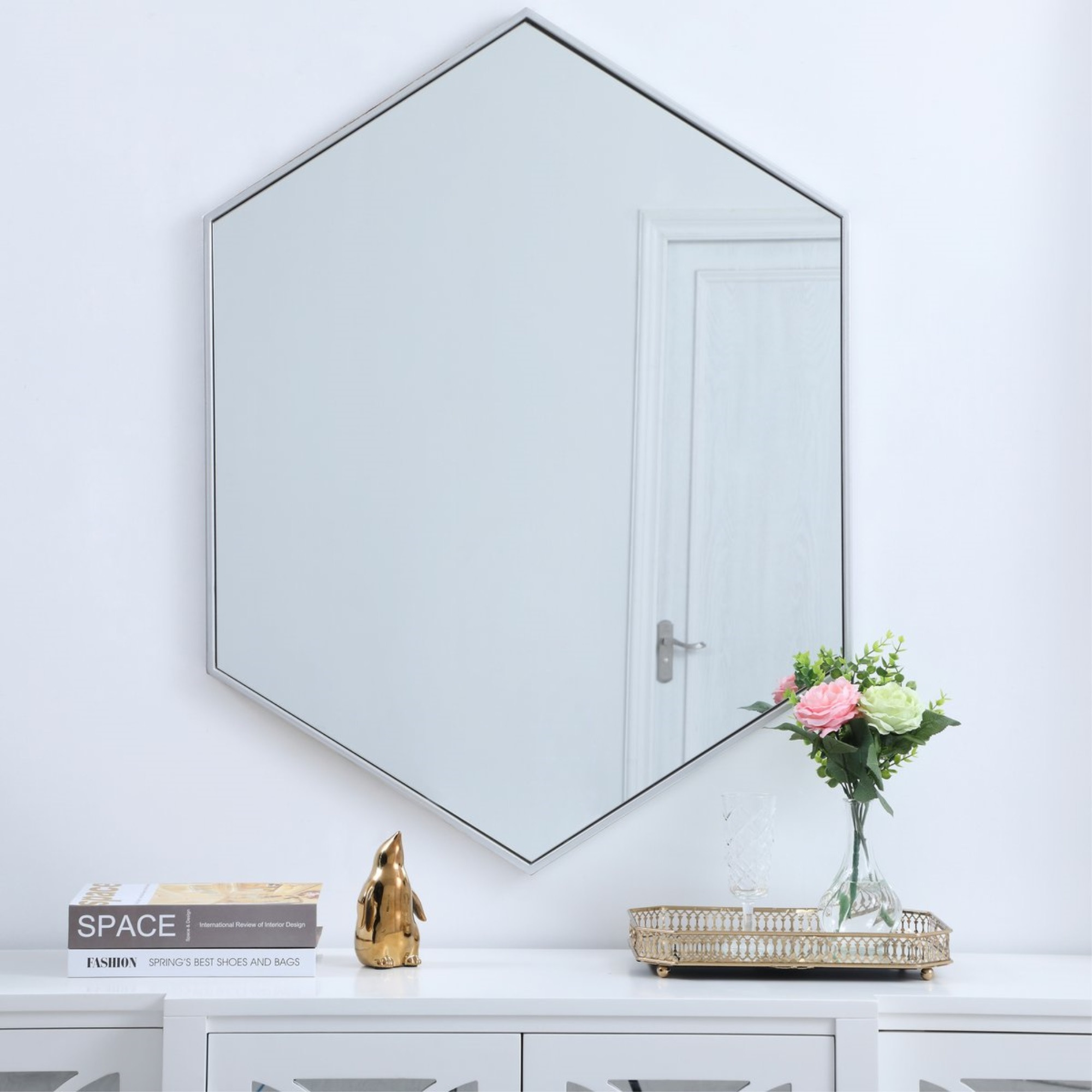 Metal frame hexagon mirror 30 inch in Sliver