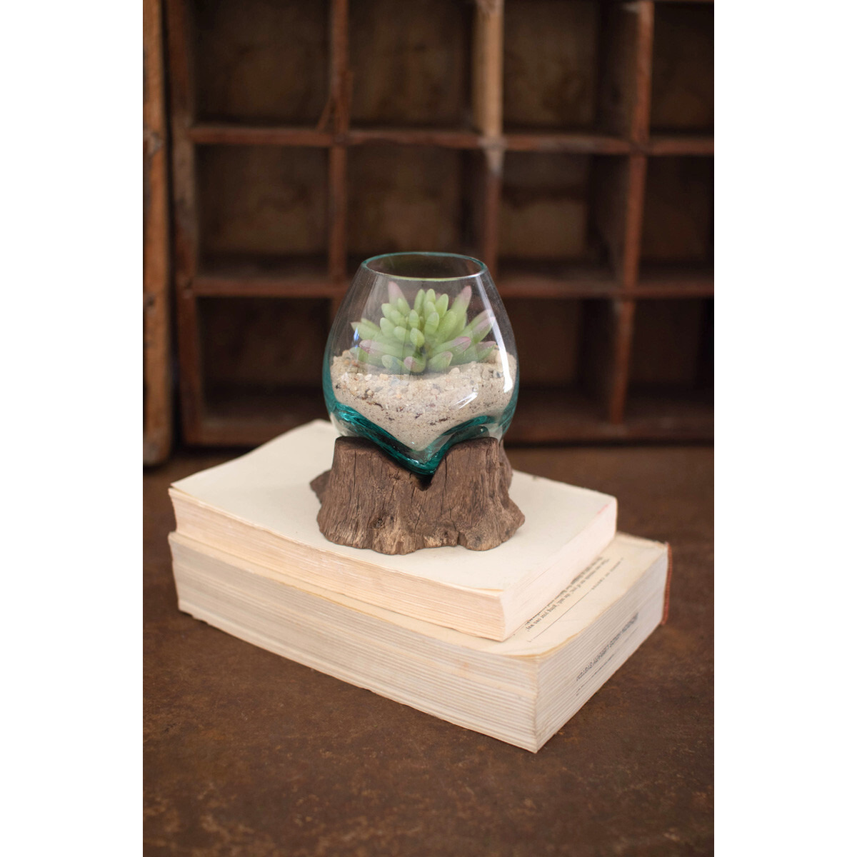 BLOWN GLASS BOWL ON DRIFTWOOD BASE - SMALL