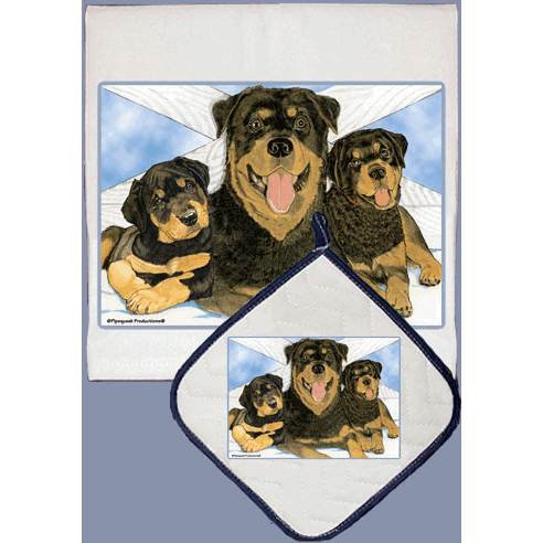 Pipsqueak Productions DP473 Dish Towel and Pot Holder Set - Rottweiler