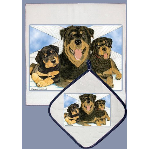 Pipsqueak Productions DP473 Dish Towel and Pot Holder Set - Rottweiler