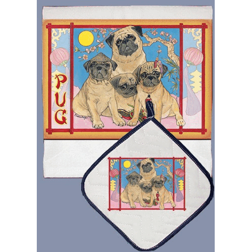 Pipsqueak Productions DP856 Pug Dish Towel And Pot Holder Set