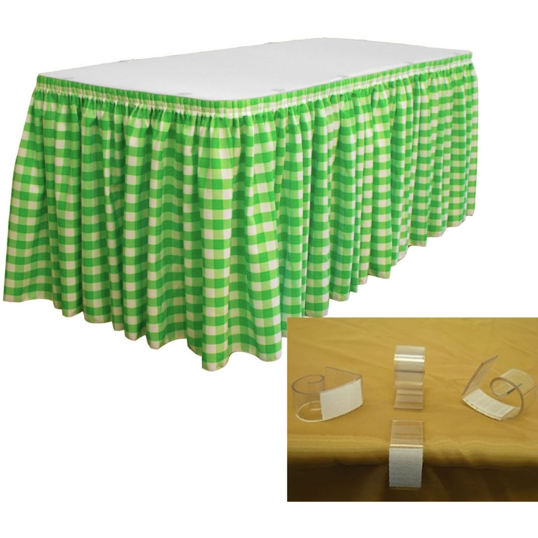 SKTcheck17x29-10Lclips-LimeK84 Polyester Gingham Checkered Table Skirt with 10 L-Clips&44 White & Lime - 17 ft. x 29 in.
