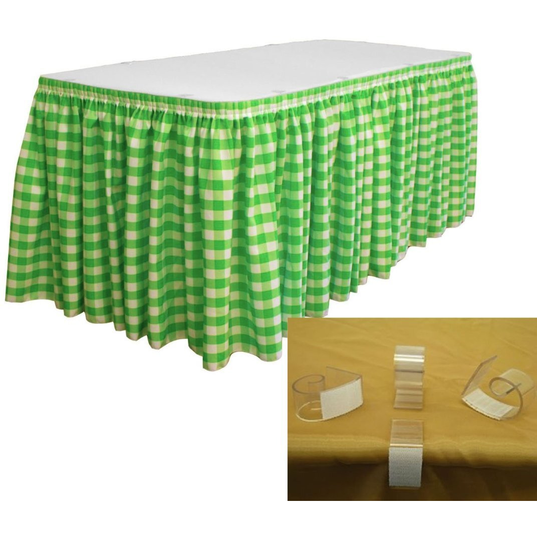 SKTcheck30x29-15Lclips-LimeK84 Oversized Checkered Table Skirt with 15 L-Clips&44 White & Lime - 30 ft. x 29 in.