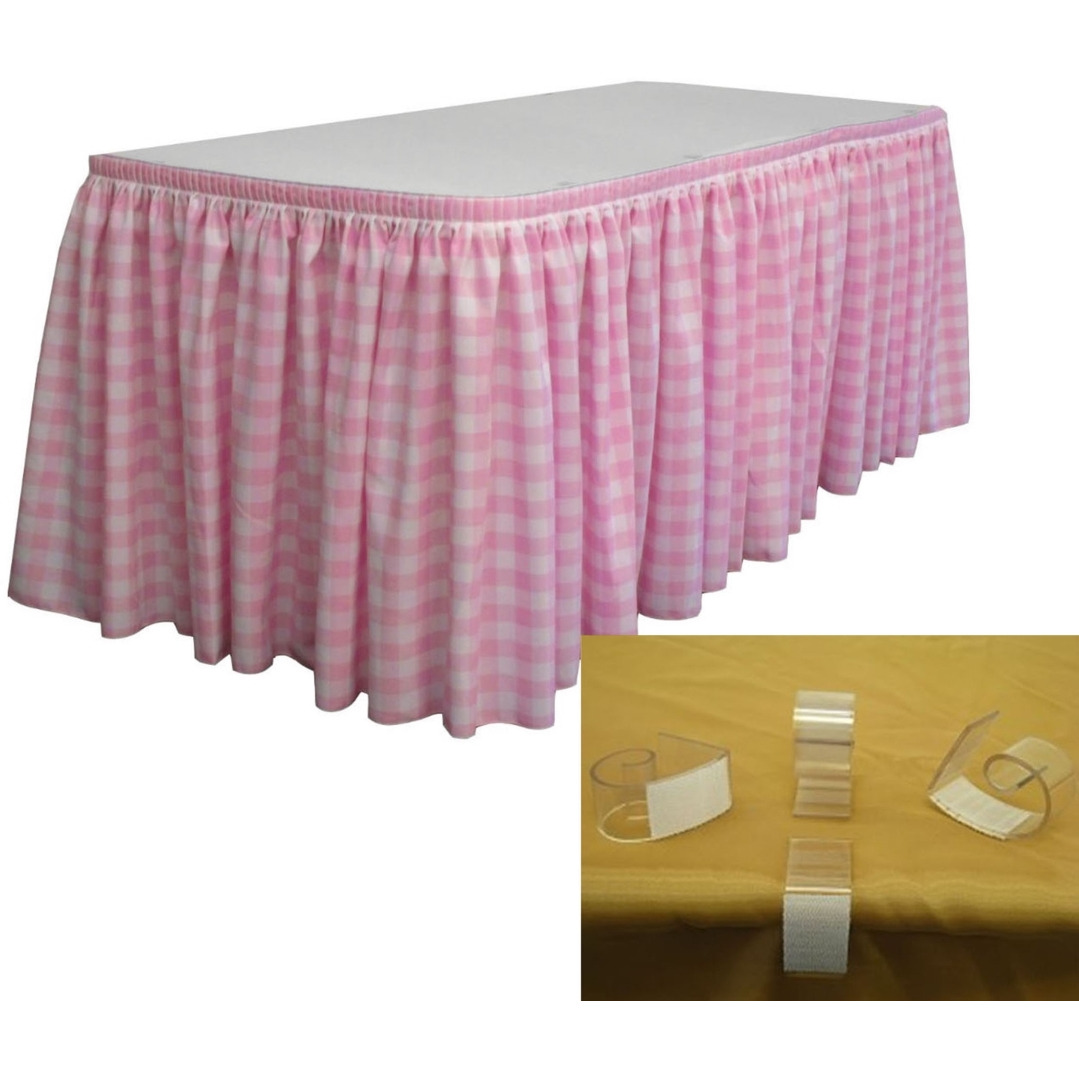 SKTcheck17x29-10Lclips-PinkK37 Polyester Gingham Checkered Table Skirt with 10 L-Clips&44 White & Pink - 17 ft. x 29 in.
