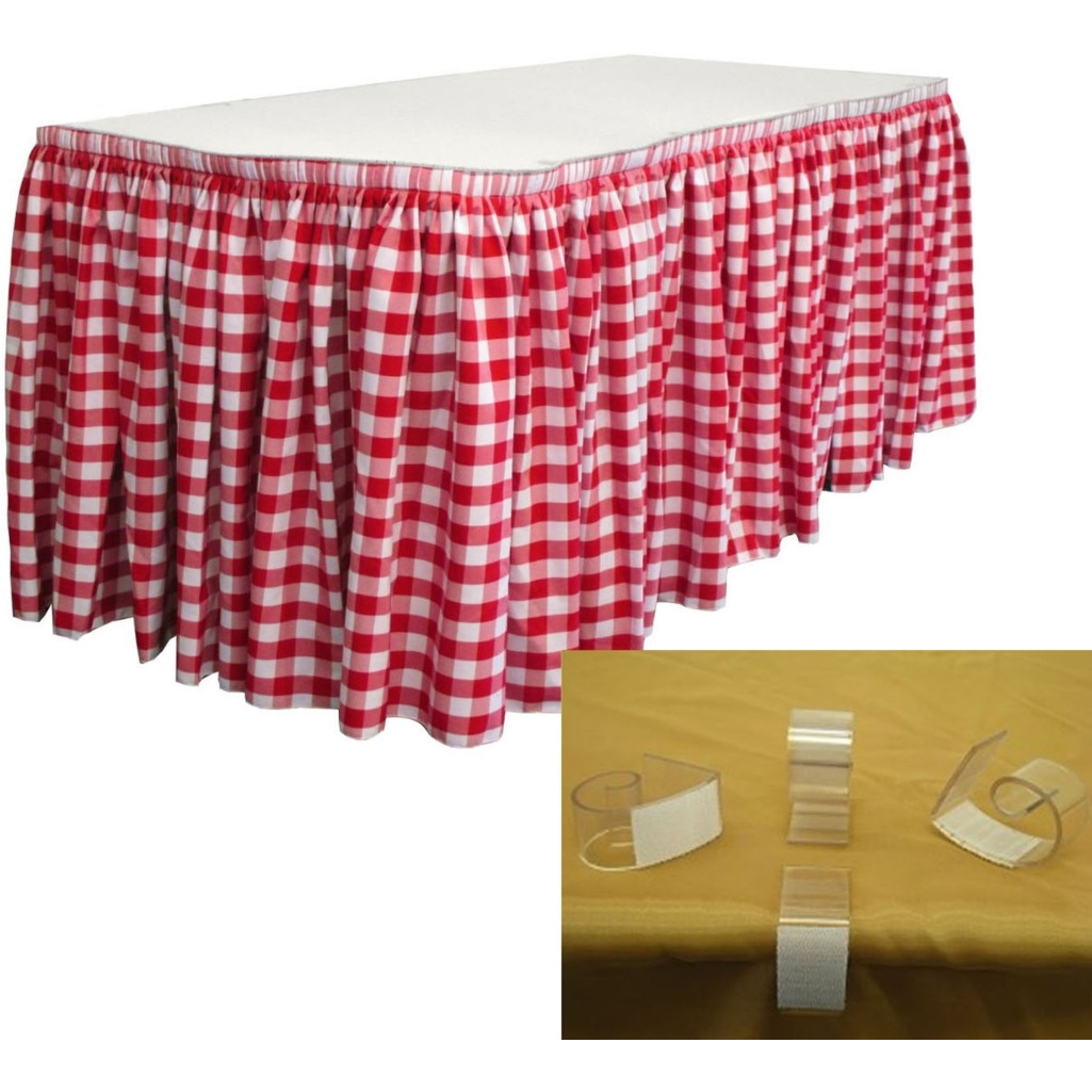 SKTcheck14x29-10Lclips-RedK98 Polyester Gingham Checkered Table Skirt with 10 L-Clips - White & Red - 14 ft. x 29 in.