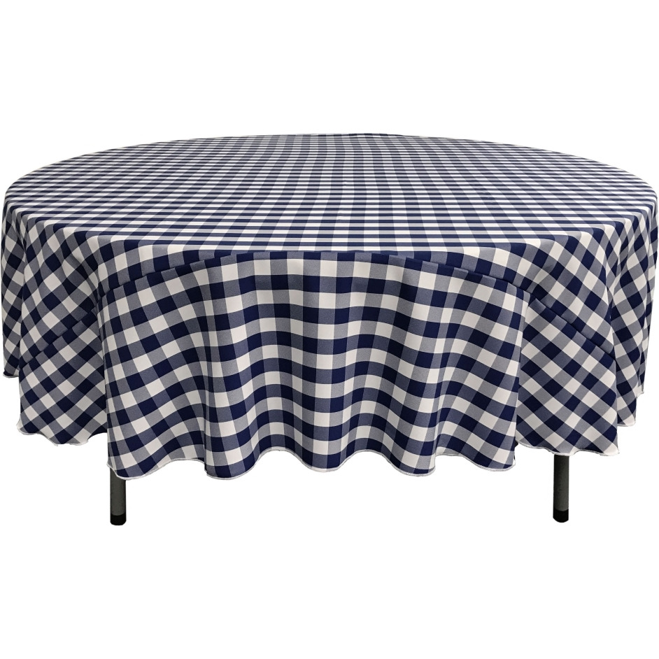 TCcheck72R-NavyK72 Polyester Gingham Checkered Tablecloth - White & Navy - 72 in. Round