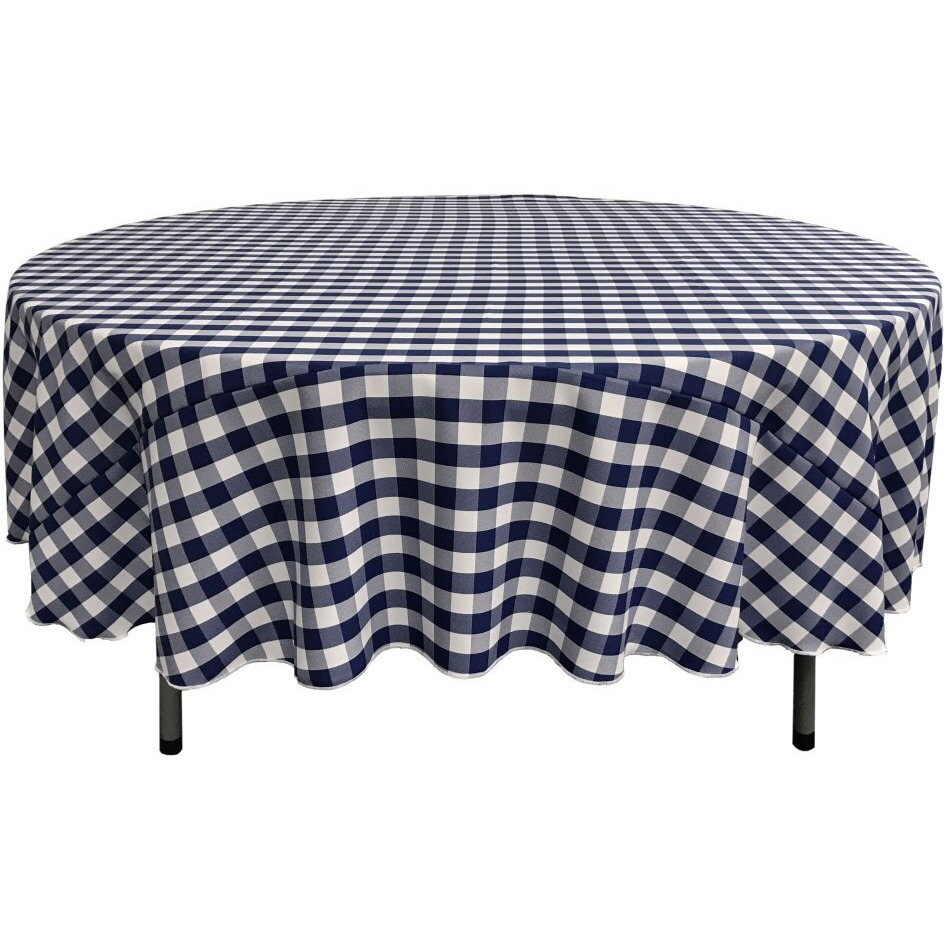 TCcheck72R-NavyK72 Polyester Gingham Checkered Tablecloth - White & Navy - 72 in. Round