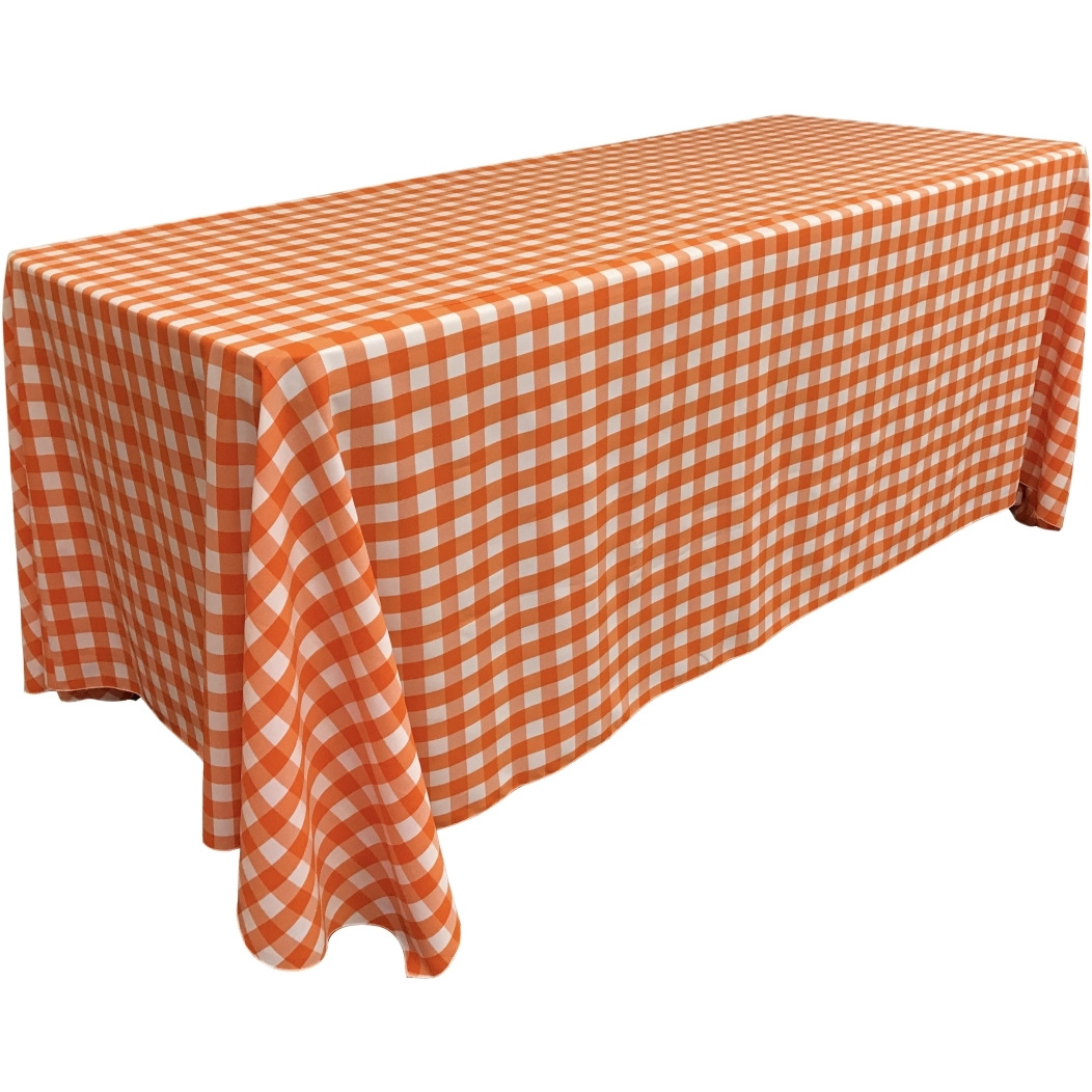 TCcheck90x156-OrangeK48 Polyester Gingham Checkered Rectangular Tablecloth - White & Orange - 90 x 156 in.