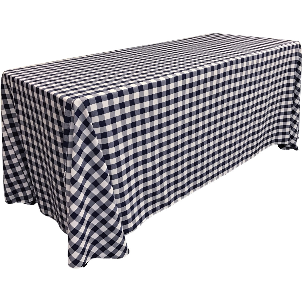 TCcheck90x156-NavyK72 Polyester Gingham Checkered Rectangular Tablecloth - White & Navy - 90 x 156 in.