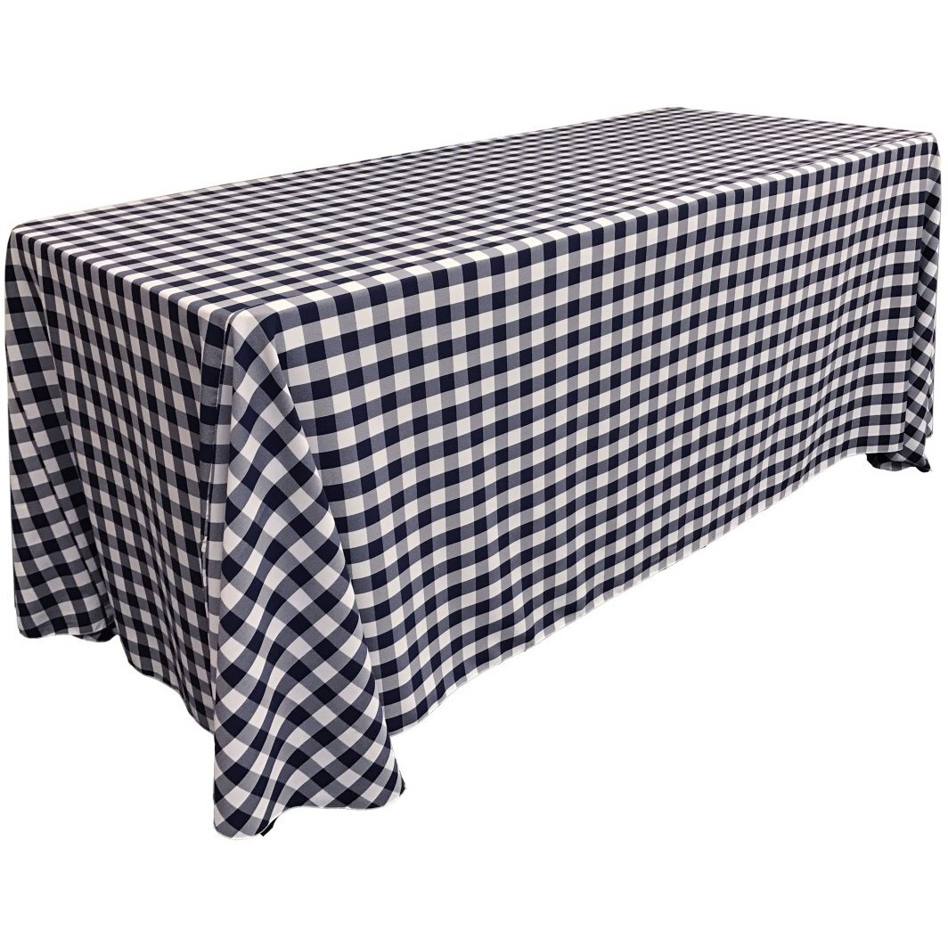TCcheck90x156-NavyK72 Polyester Gingham Checkered Rectangular Tablecloth - White & Navy - 90 x 156 in.