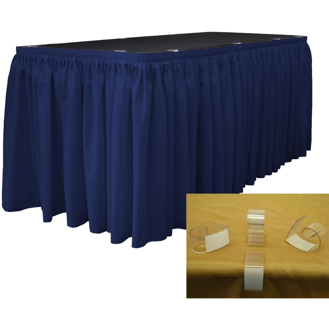 SKT-Pop-14x29-10Lclips-NavyP72 Polyester Poplin Table Skirt with 10 L-Clips - Navy - 14 ft. x 29 in.