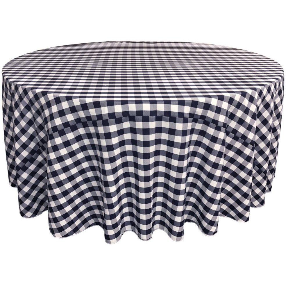 TCcheck108R-NavyK72 Polyester Gingham Checkered Tablecloth - White & Navy - 108 in. Round