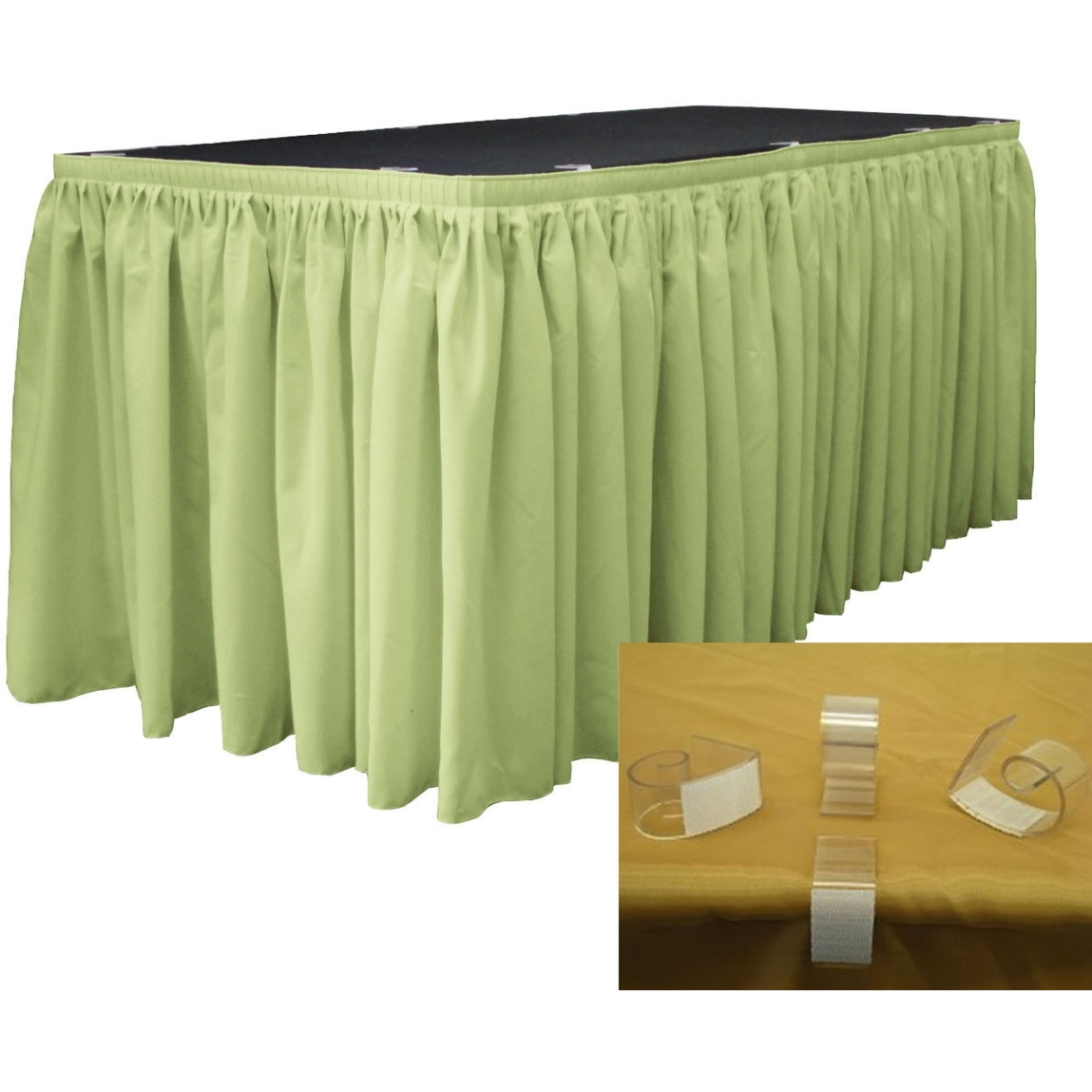SKT-Pop-14x29-10Lclips-SageP19 Polyester Poplin Table Skirt with 10 L-Clips&44 Sage - 14 ft. x 29 in.