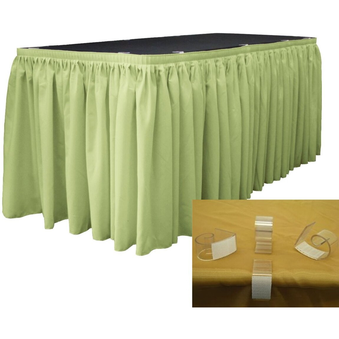 SKT-Pop-14x29-10Lclips-SageP19 Polyester Poplin Table Skirt with 10 L-Clips&44 Sage - 14 ft. x 29 in.