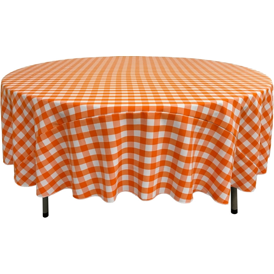 TCcheck90R-OrangeK48 Polyester Gingham Checkered Tablecloth - White & Orange - 90 in. Round