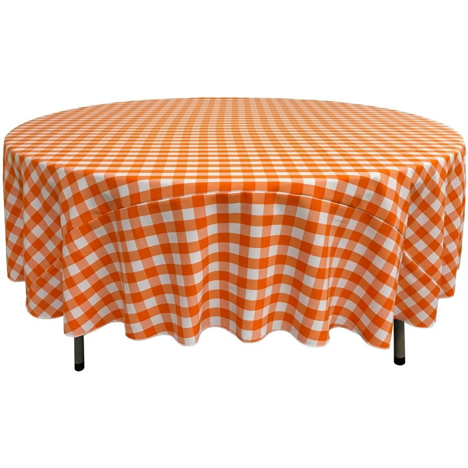 TCcheck90R-OrangeK48 Polyester Gingham Checkered Tablecloth - White & Orange - 90 in. Round