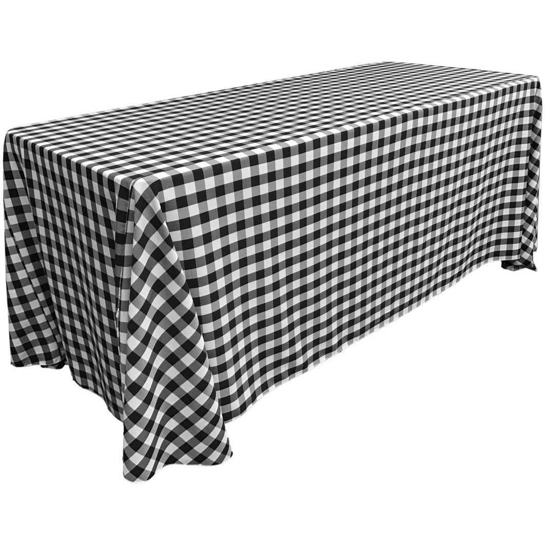 TCcheck90x132-BlackK24 Polyester Gingham Checkered Rectangular Tablecloth - White & Black - 90 x 132 in.