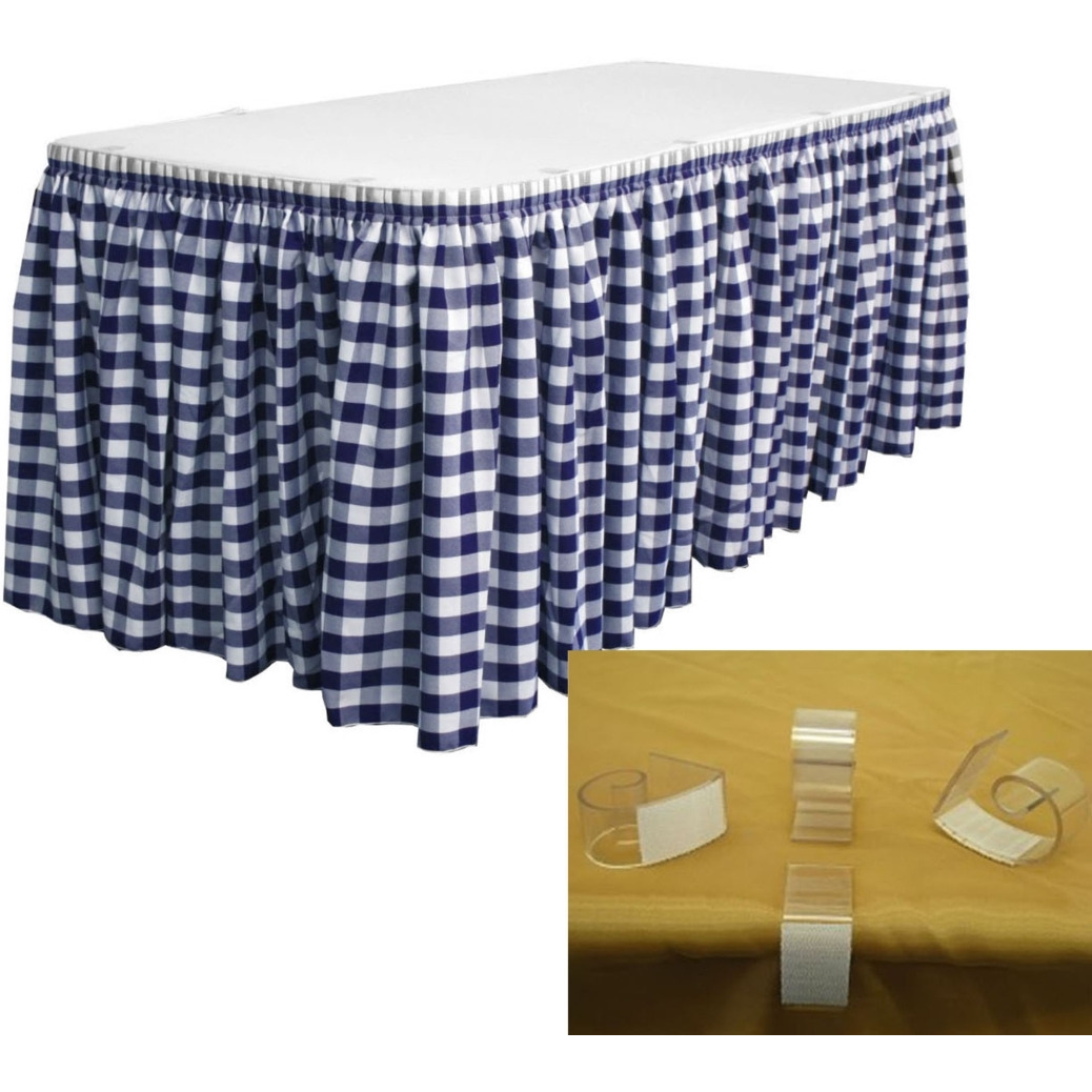 SKTcheck17x29-10Lclips-NavyK72 Polyester Gingham Checkered Table Skirt with 10 L-Clips - White & Navy - 17 ft. x 29 in.