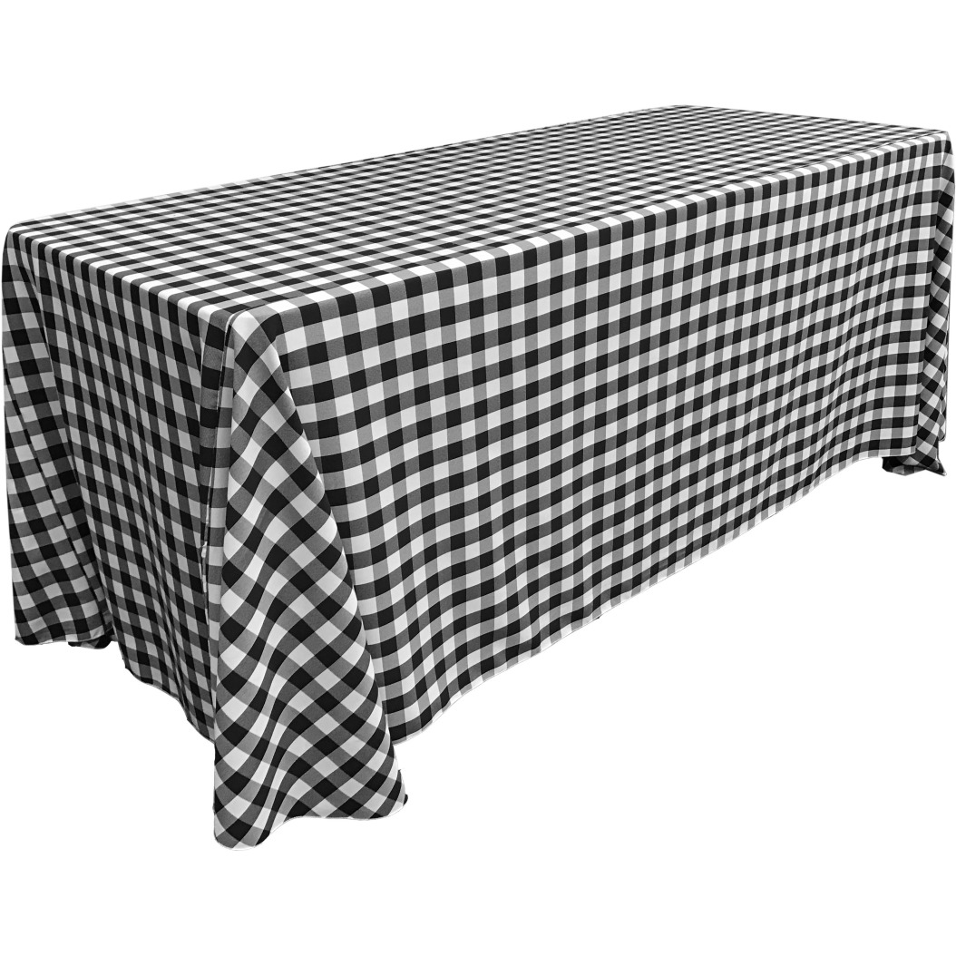 TCcheck90x156-BlackK24 Polyester Gingham Checkered Rectangular Tablecloth - White & Black - 90 x 156 in.