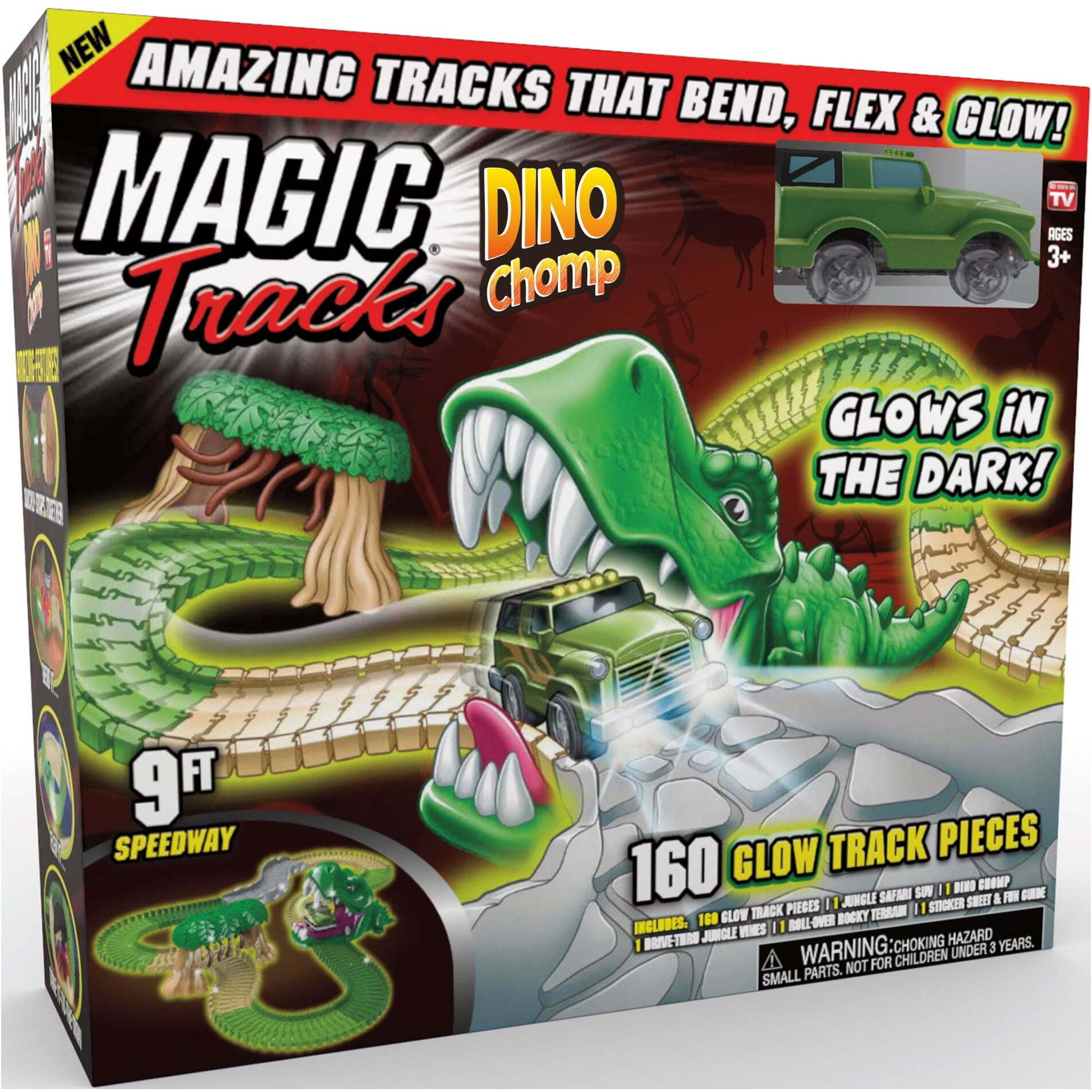 Magic Tracks 6037563 Dino Chomp Glow in The Dark Race Track Game Set  Multi Color - 160 Piece