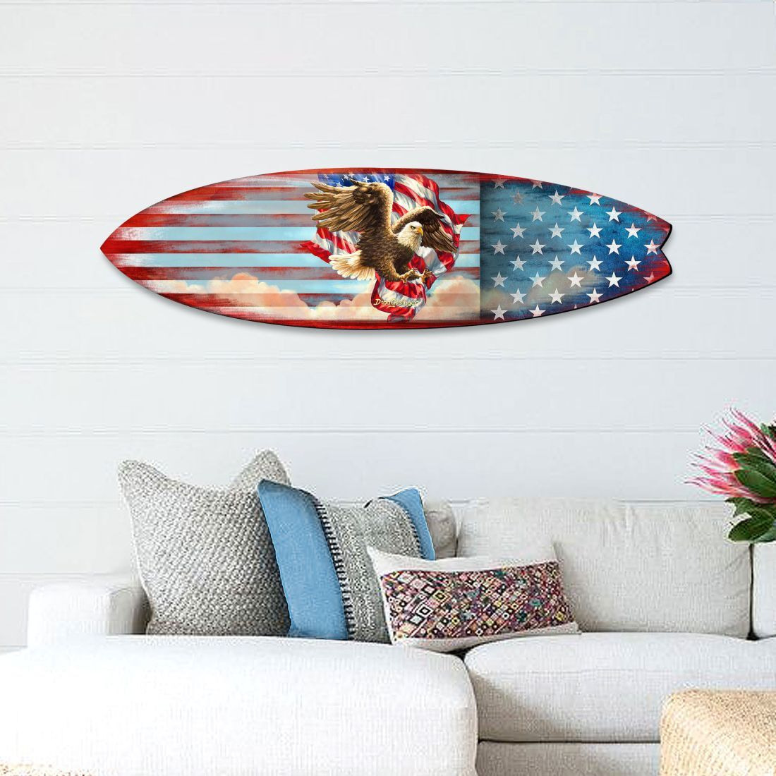 24 x 7 x 1 in. Patriotic American Flag Surfboard Coastal Door Hanger Wall Decor - Small