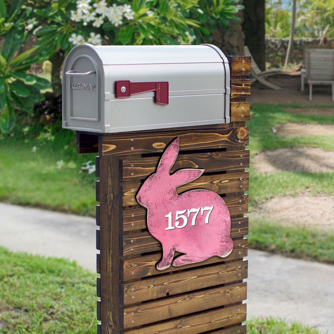 12 in. Pink Bunny Wooden Custom House Number Sign Decor