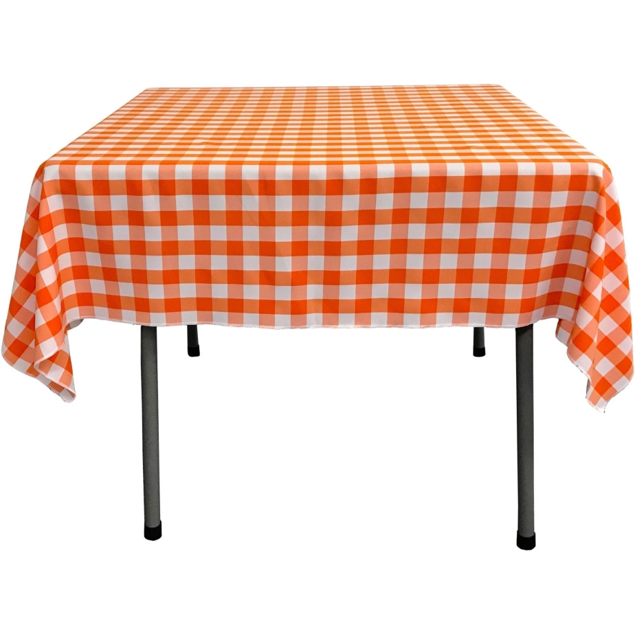 TCcheck58x58-OrangeK48 Polyester Gingham Checkered Square Tablecloth - White & Orange - 58 x 58 in.