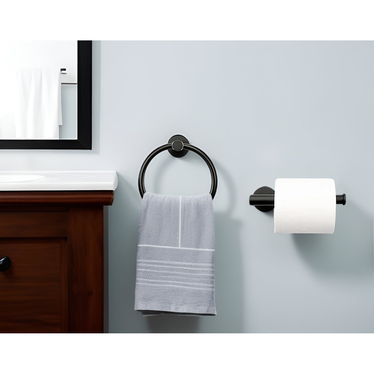 Set of Two Black Stainless Steel Wall Mount Towel Ring and Toilet Paper Holder