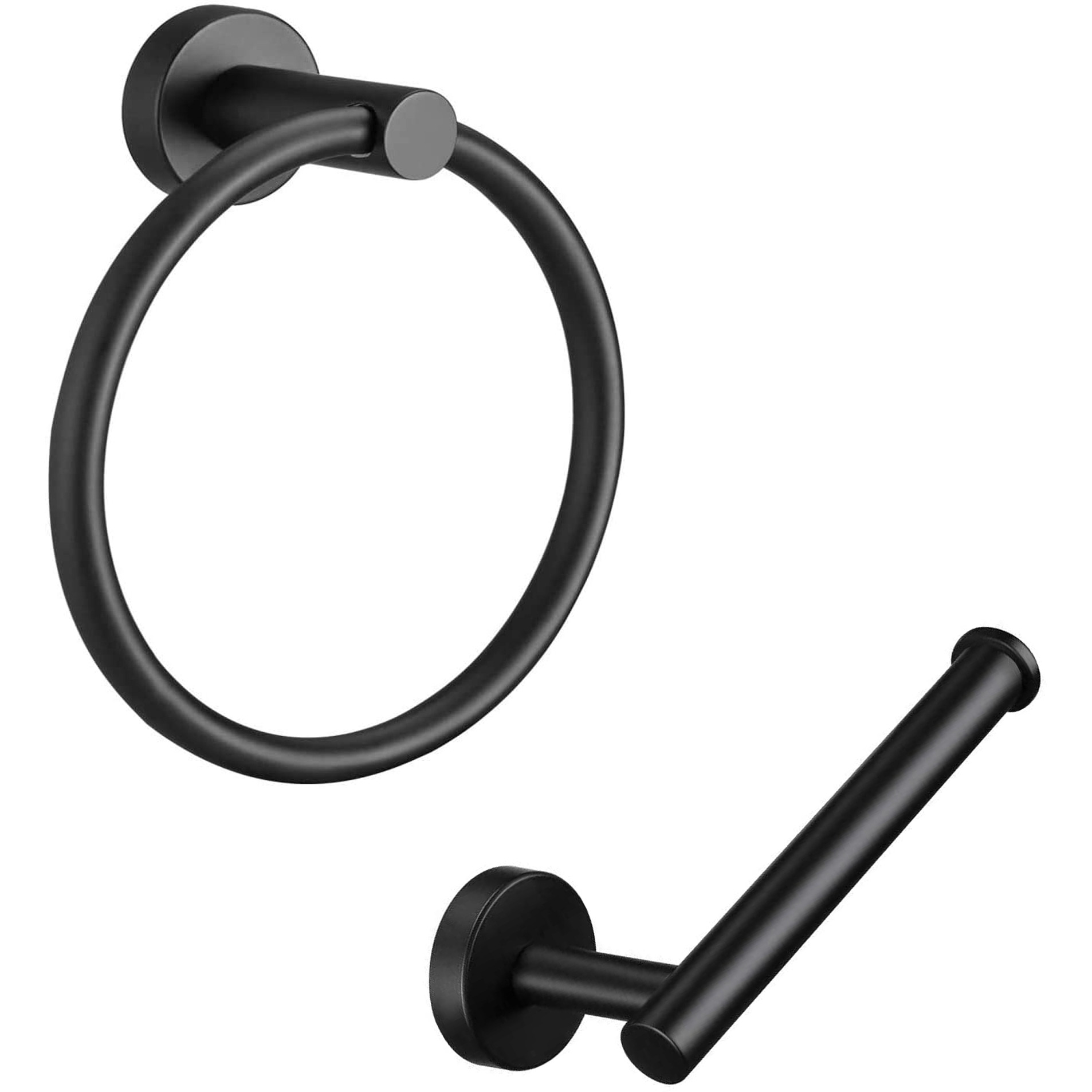 Set of Two Black Stainless Steel Wall Mount Towel Ring and Toilet Paper Holder