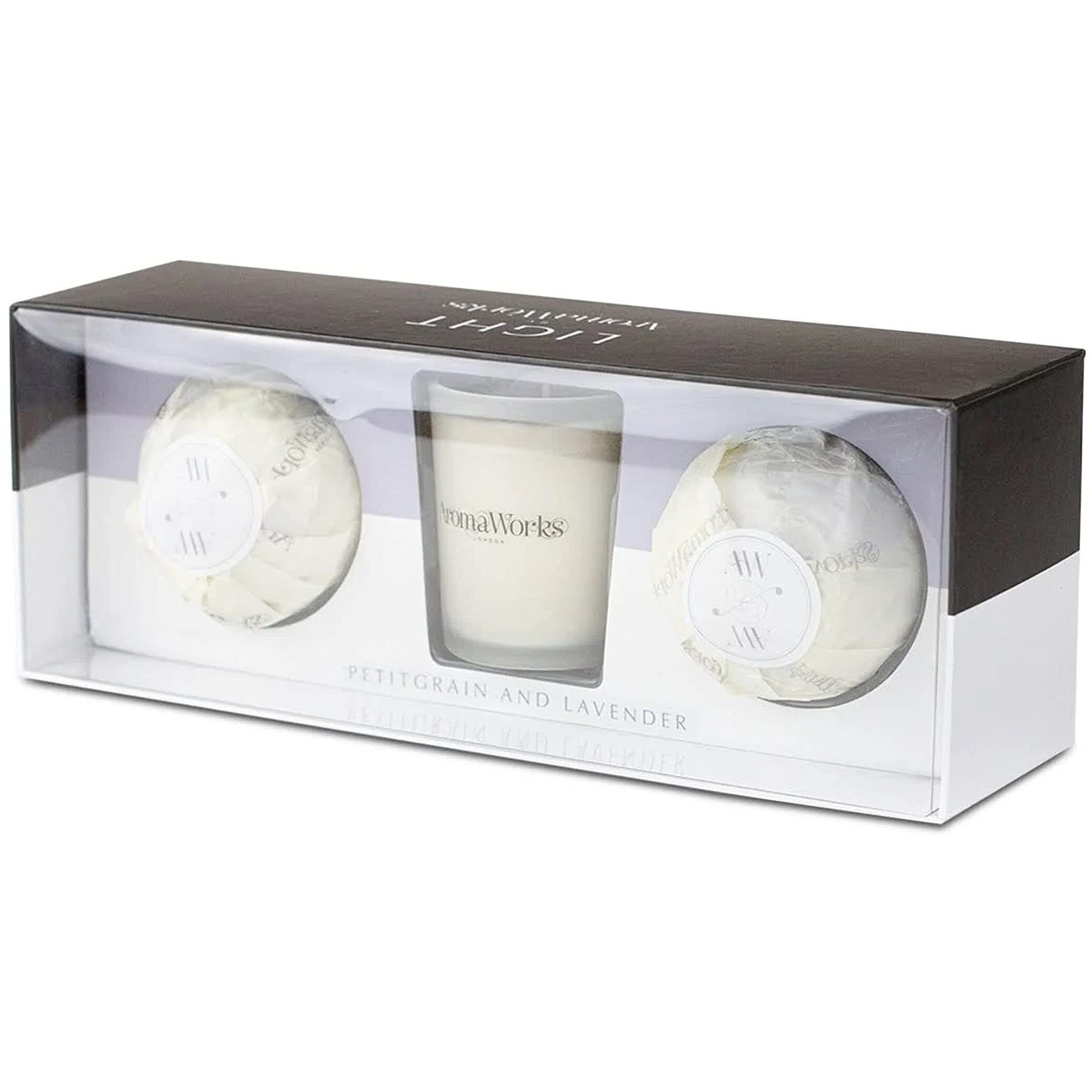 Light Candle Set - Petitgrain and Lavender by Aromaworks for Unisex - 3 Pc 2.65oz Candle, 2 Mini AromaBomb