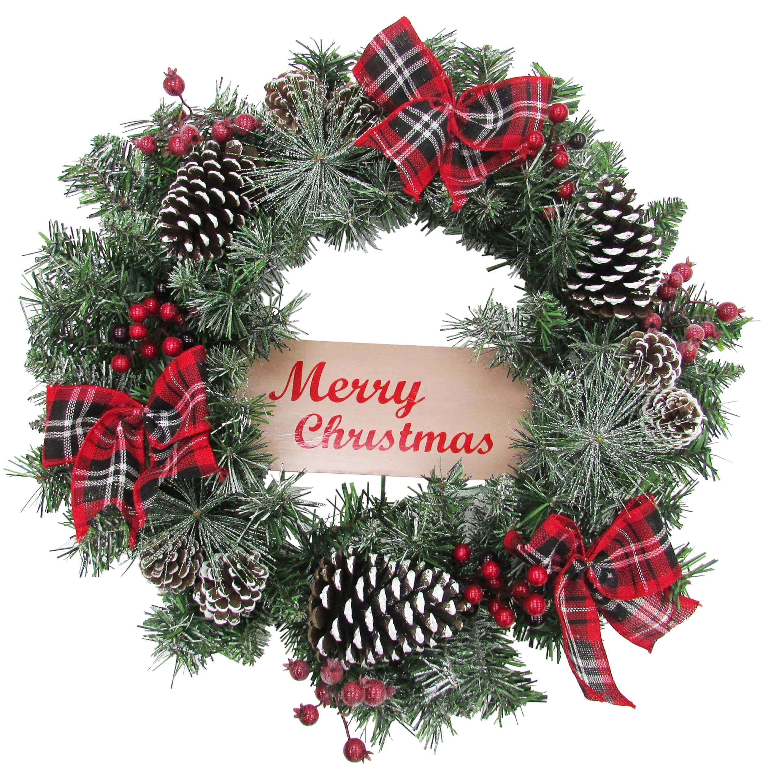 24" Snowy Pinecone/Red Berry Wreath on Mixed Pine