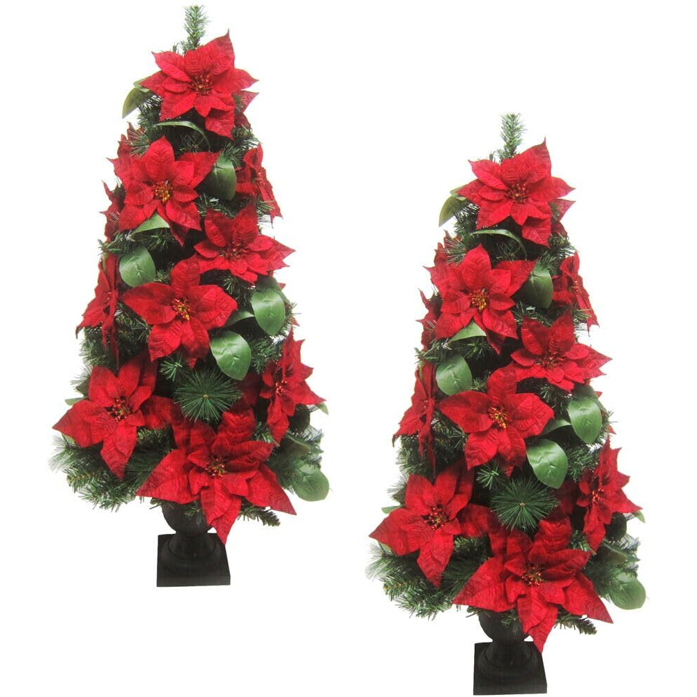 4' Velvet Poinsettia/Leaf in Urn Pot Porch Tree, SET 2