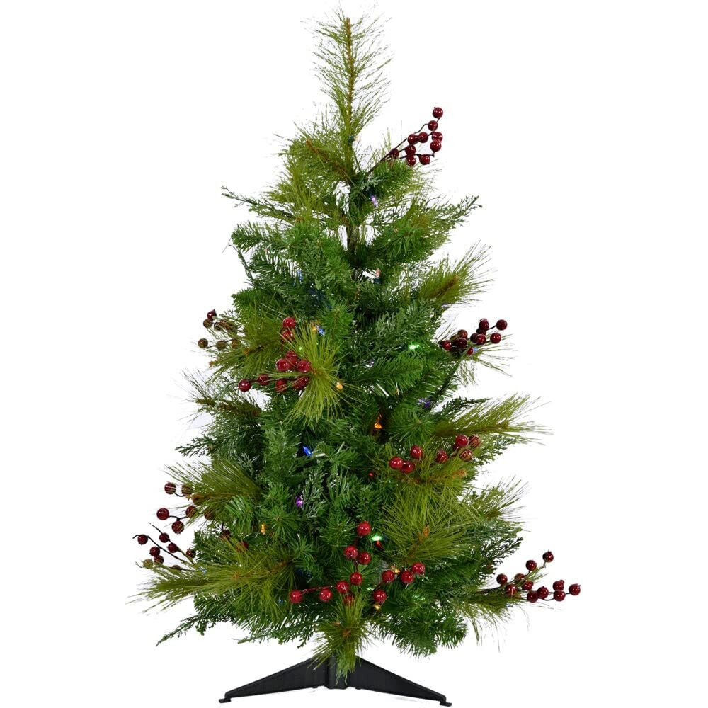 CT 3' Red Berry Mixed Pine Porch Tree, B/O Multi Lights