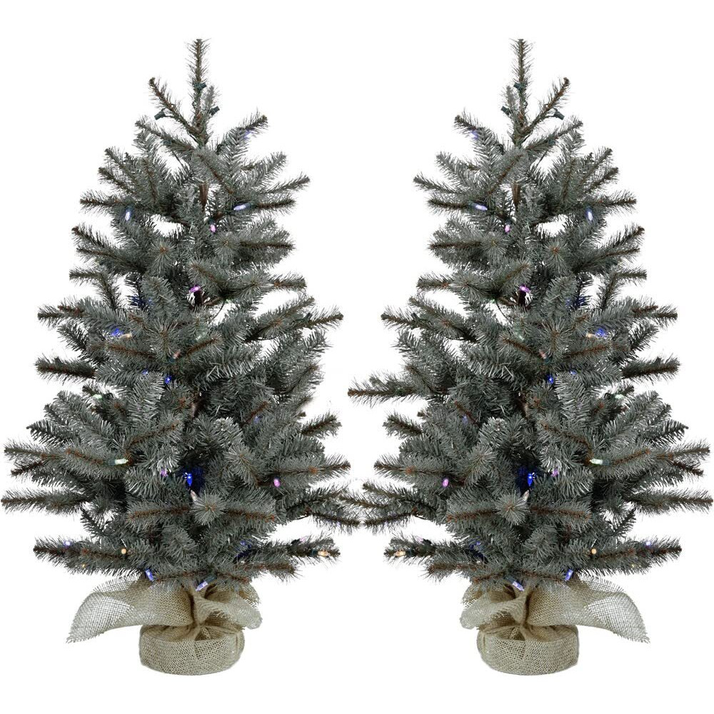 CT 2' Yardville Pine Porch Tree in Burlap Bag, B/O Multi Lights, SET of 2