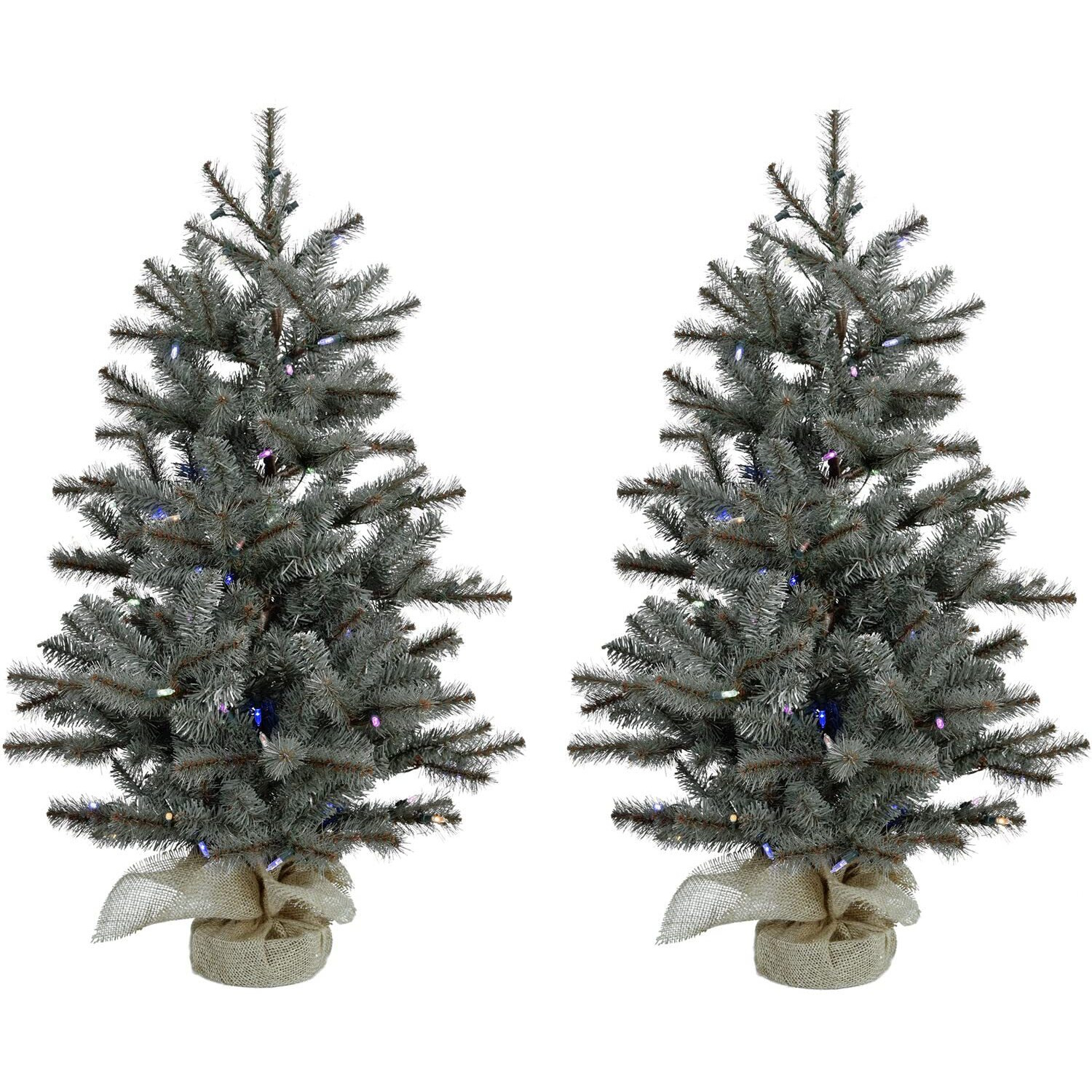 CT 4' Yardville Pine Porch Tree in Burlap Bag, B/O Multi Lights, SET of 2