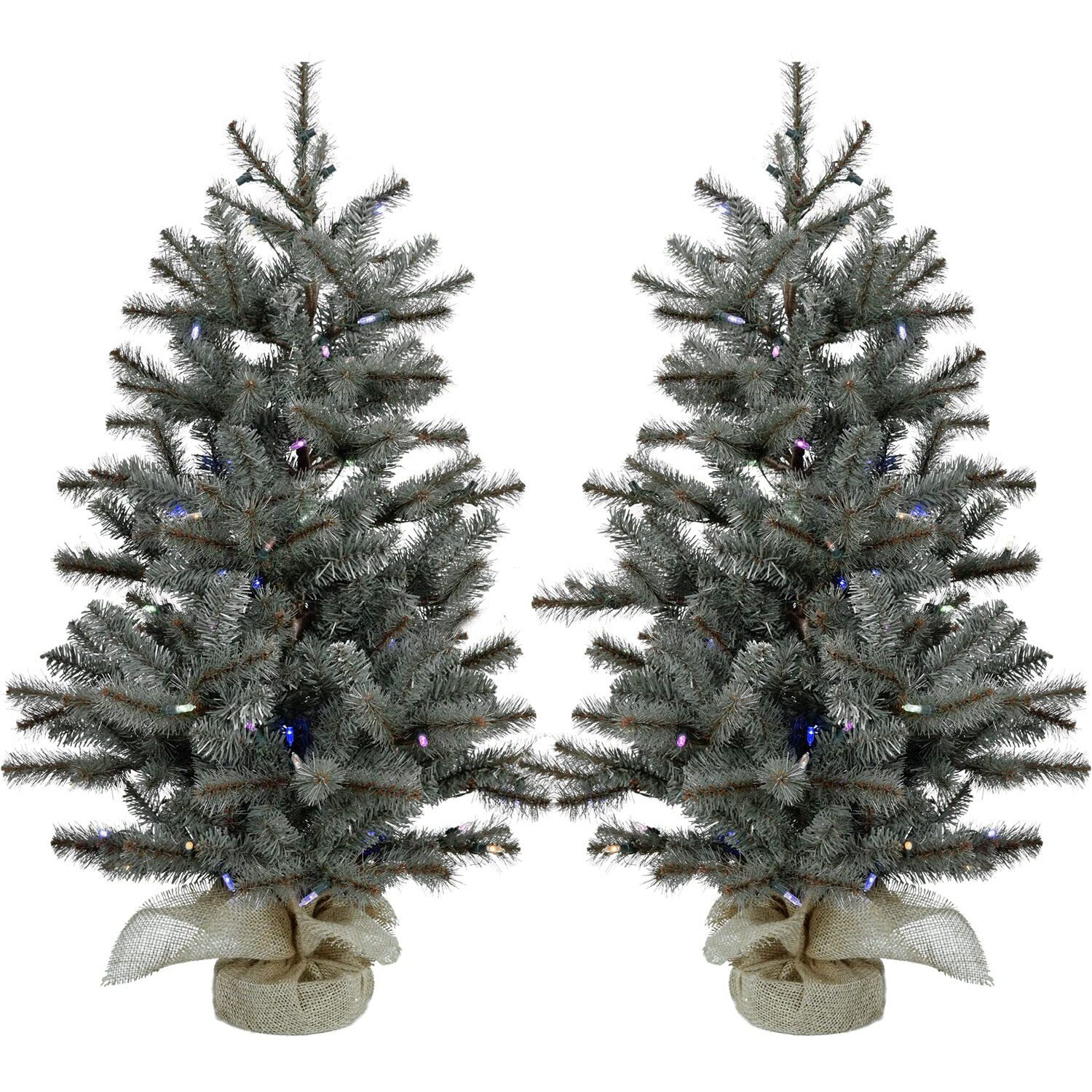 CT 3' Yardville Pine Porch Tree in Burlap Bag, B/O Multi Lights, SET of 2