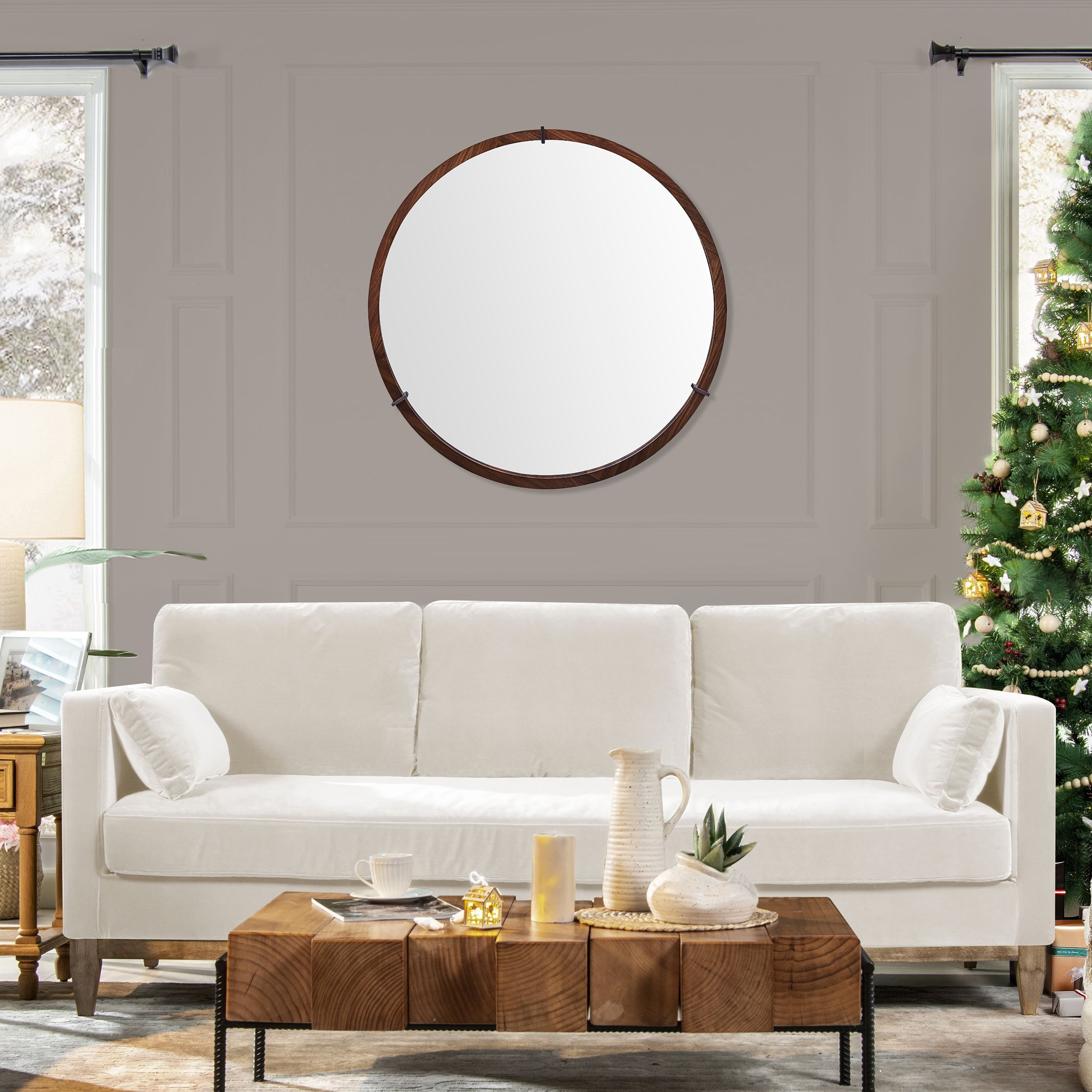 Hausen 31.5" Mid-Century Modern Round Accent Wall Mirror, Brown Walnut Wood & Veneer