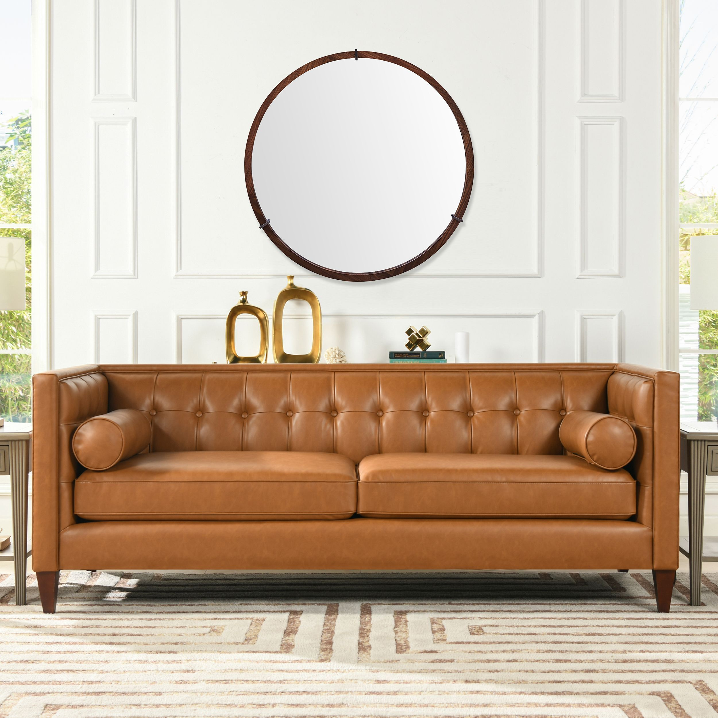Hausen 31.5" Mid-Century Modern Round Accent Wall Mirror, Brown Walnut Wood & Veneer