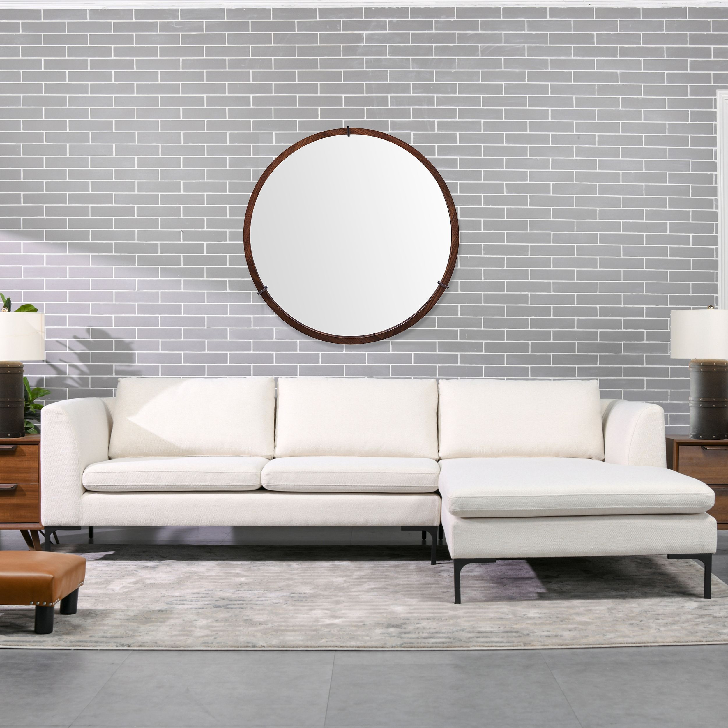 Hausen 31.5" Mid-Century Modern Round Accent Wall Mirror, Brown Walnut Wood & Veneer