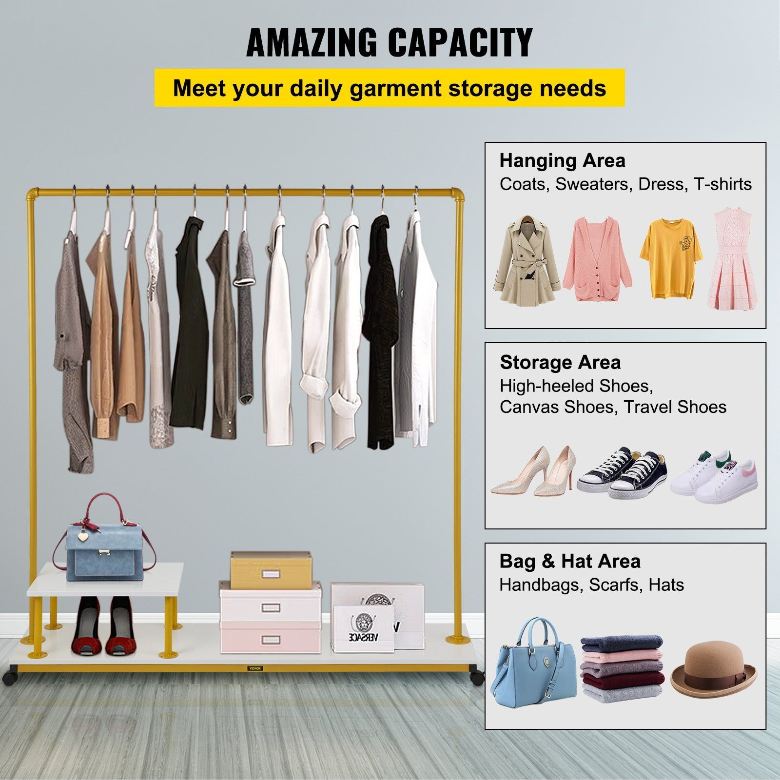 VEVOR Clothing Garment Rack, 59.1&quotx14.2&quotx63.0", Heavy-Duty Clothes Rack w/Bottom Shelf & Side Shelf, 4 Swivel Casters, Sturdy Steel Frame, Rolling Clothes Organizer for Retail Store Boutique, Gold