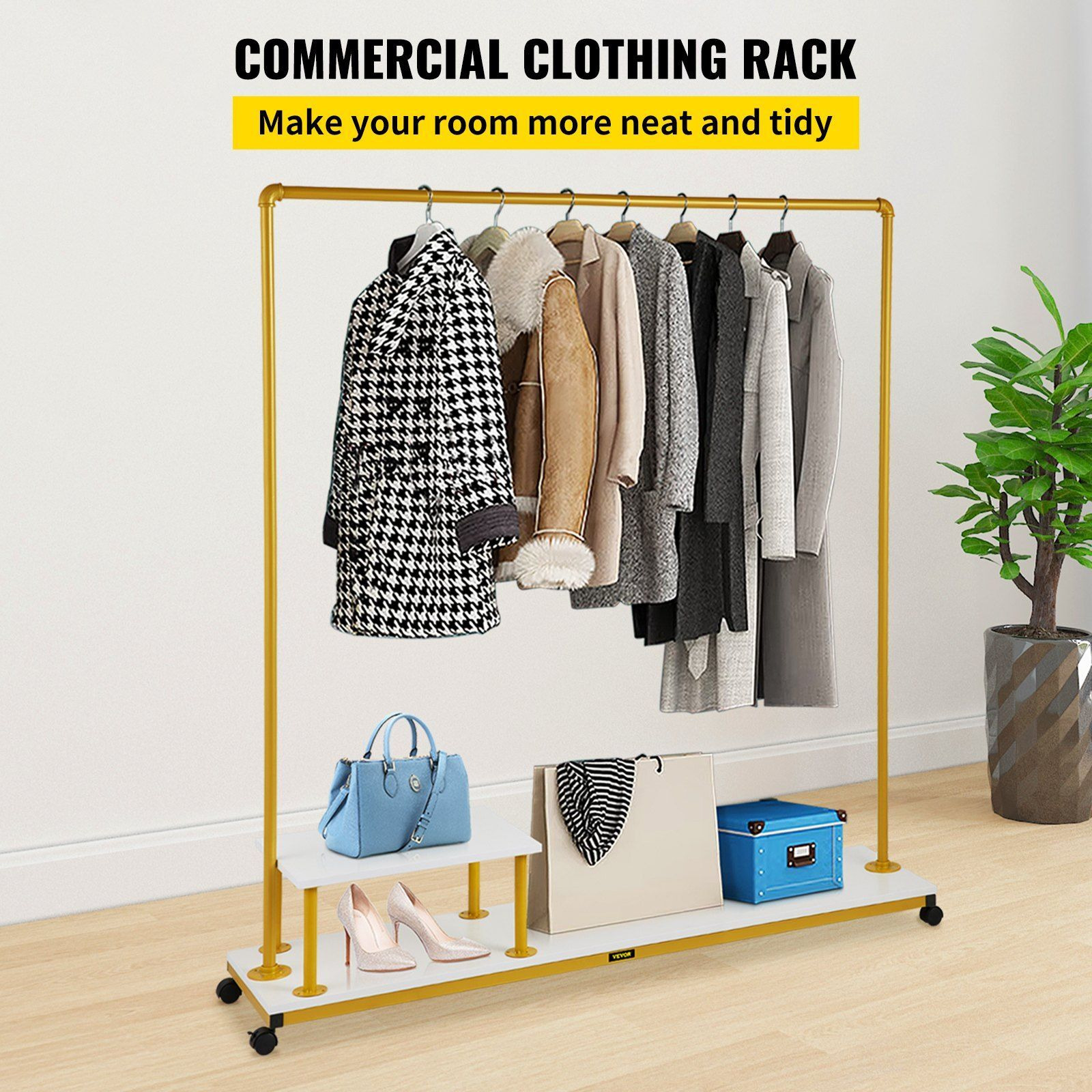 VEVOR Clothing Garment Rack, 59.1&quotx14.2&quotx63.0", Heavy-Duty Clothes Rack w/Bottom Shelf & Side Shelf, 4 Swivel Casters, Sturdy Steel Frame, Rolling Clothes Organizer for Retail Store Boutique, Gold