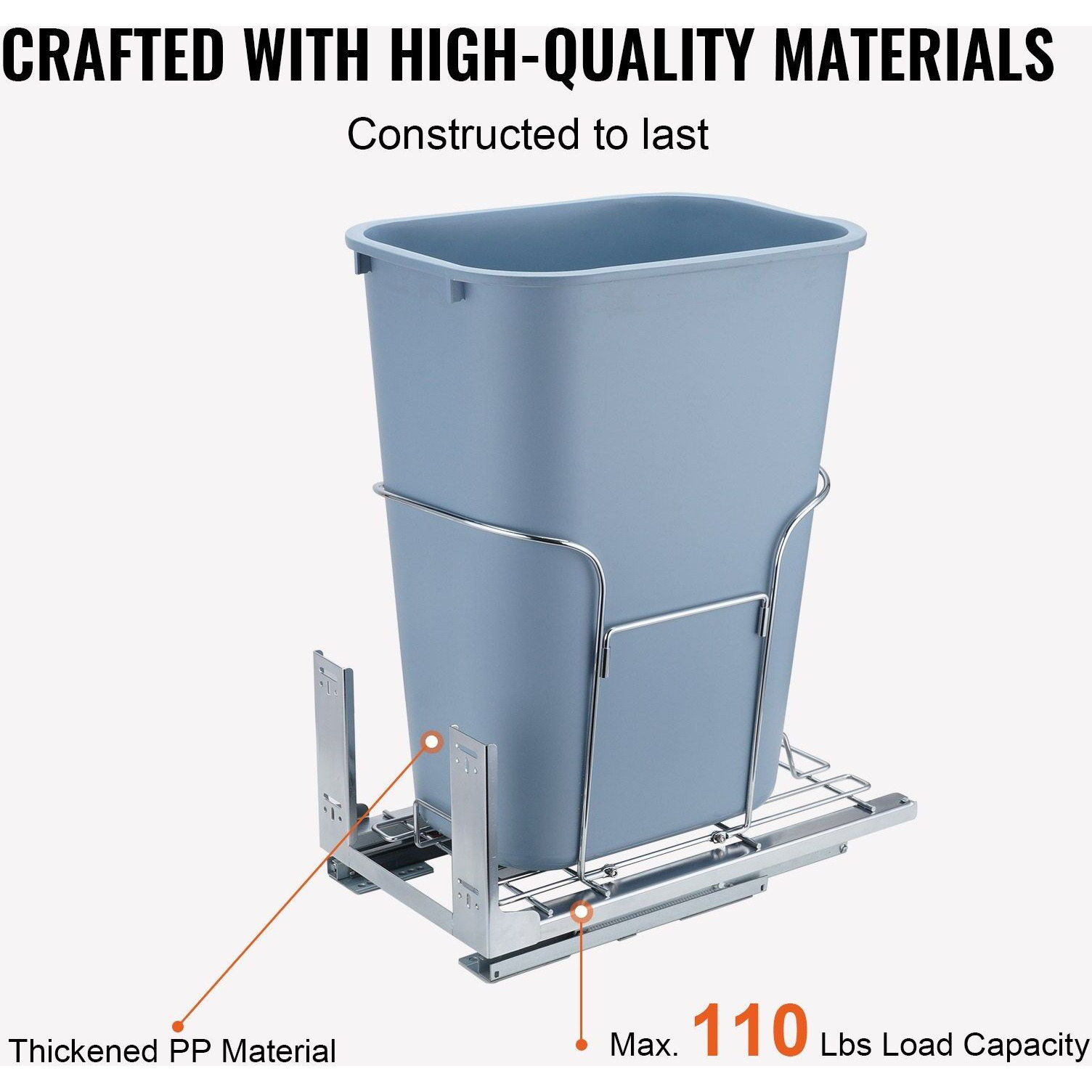 VEVOR Pull-Out Trash Can, 35L Single Bin, Under Mount Kitchen Waste Container with Slide, Handle and Door Mounting Kit, 110 lbs Load Capacity Heavy Duty Garbage Recycling Bin for Kitchen Cabinet, Sink