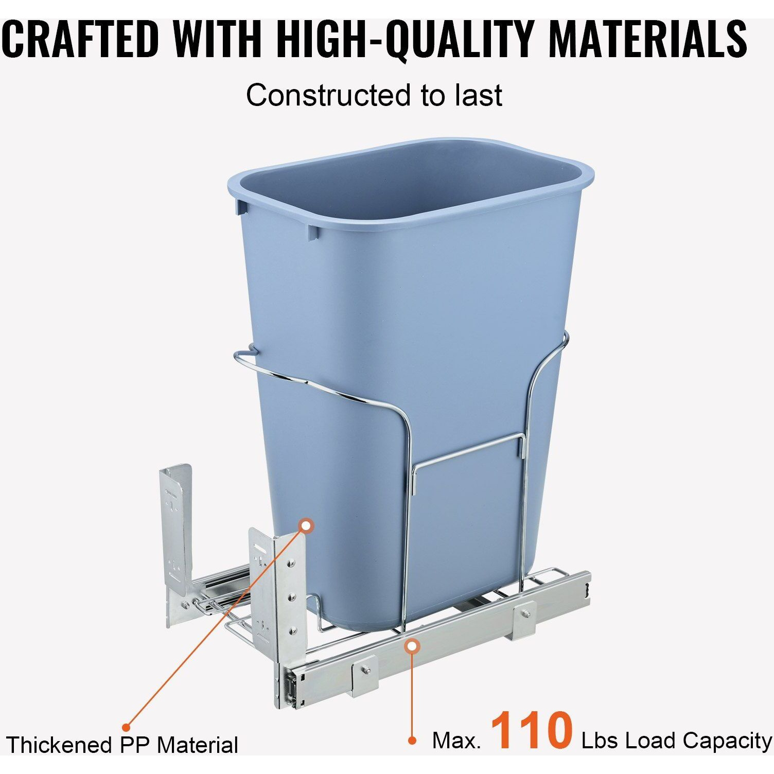 VEVOR Pull-Out Trash Can, 35L Single Bin, Under Mount Kitchen Waste Container with Slide, Handle and Door Mounting Kit, 110 lbs Load Capacity Heavy Duty Garbage Recycling Bin for Kitchen Cabinet, Sink