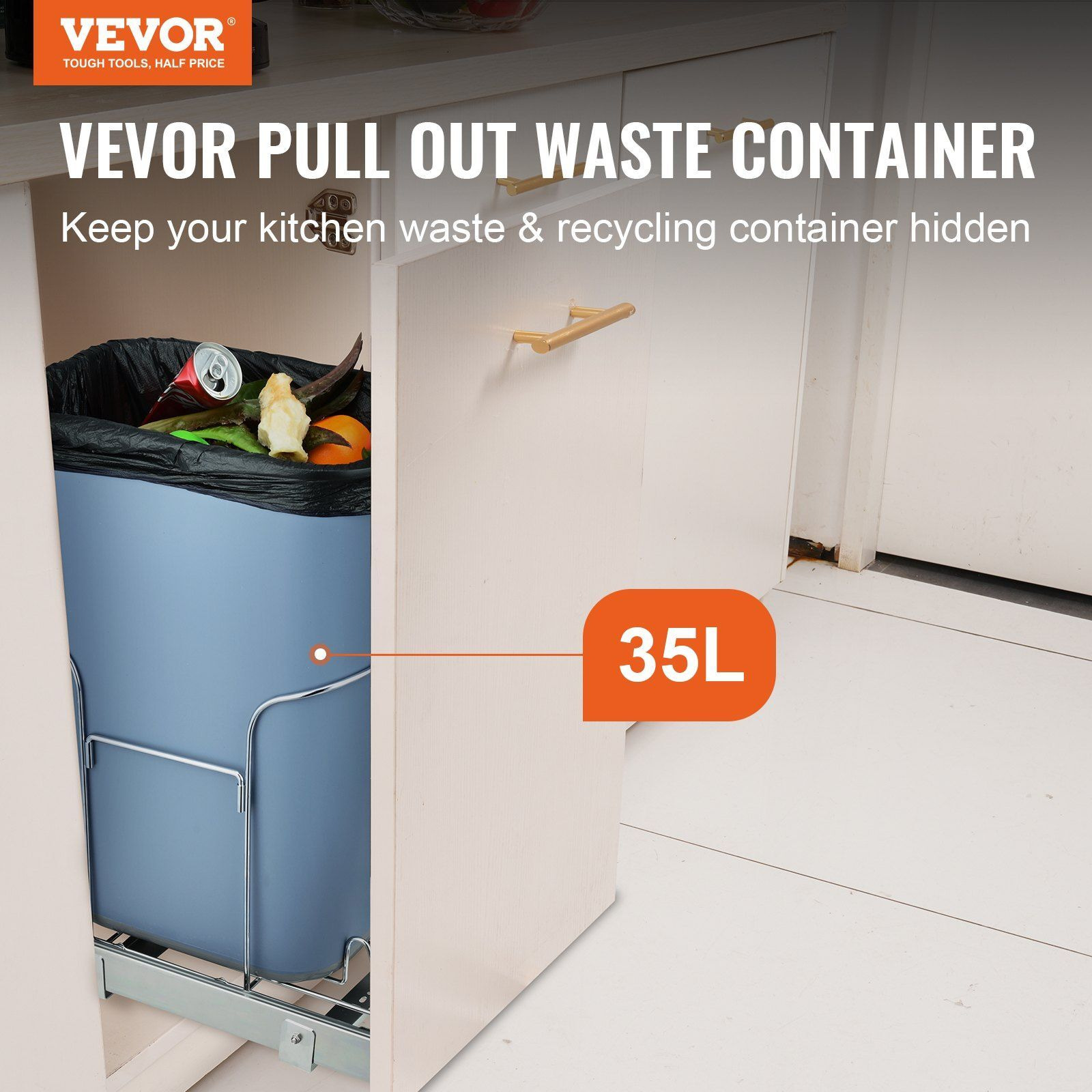 VEVOR Pull-Out Trash Can, 35L Single Bin, Under Mount Kitchen Waste Container with Slide, Handle and Door Mounting Kit, 110 lbs Load Capacity Heavy Duty Garbage Recycling Bin for Kitchen Cabinet, Sink