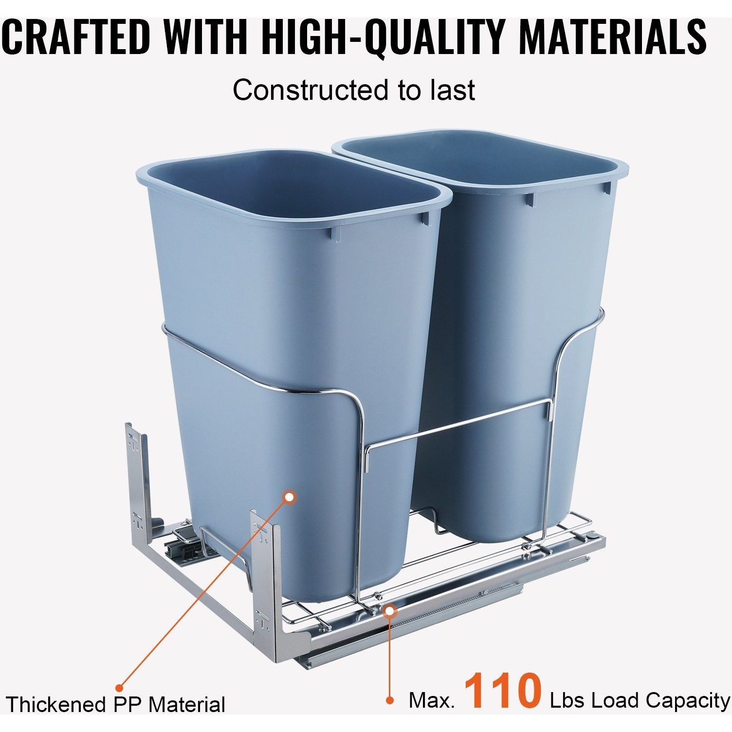 VEVOR Pull-Out Trash Can, 35Lx2 Double Bins, Under Mount Kitchen Waste Container with Slide and Door Mounting Kit, 110 lbs Load Capacity Heavy Duty Garbage Recycling Bin for Kitchen Cabinet, Sink