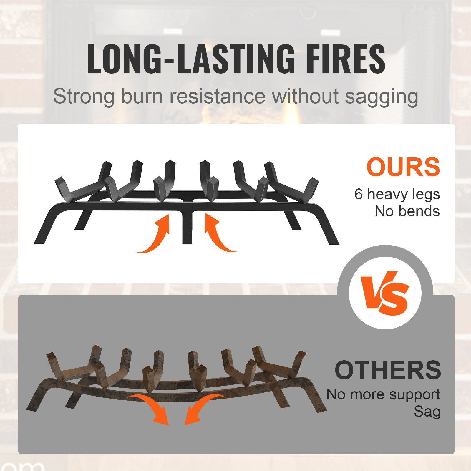VEVOR Fireplace Log Grate, 27 inch Heavy Duty Fireplace Grate with 6 Support Legs, 3/4'' Solid Powder-coated Steel Bars, Log Firewood Burning Rack Holder for Indoor and Outdoor Fireplace